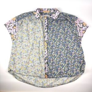 American Eagle Oversized Floral Resort Shirt Womens Sz XL Pink Blue Boxy Patchwk